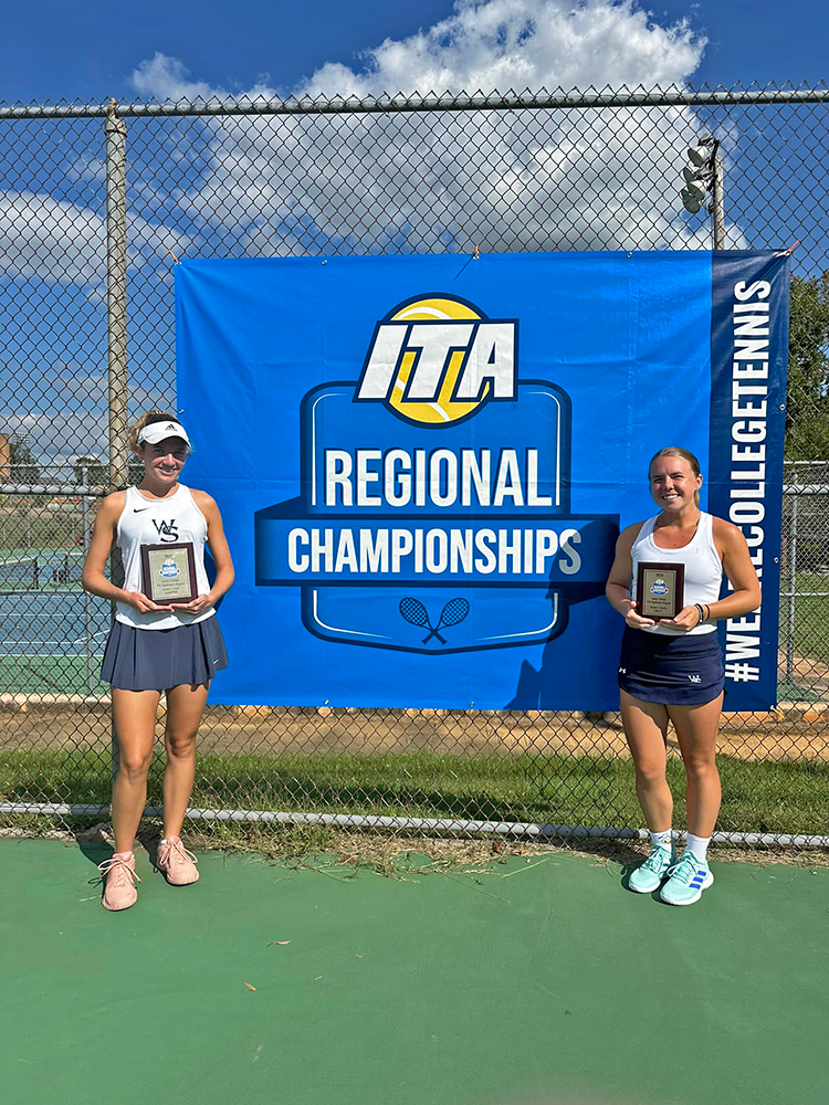 Sophomore Noelle D'Angelillo of Orlando, Fla. (left) and freshman Jaedyn Martin of Madison claimed the A draw doubles title at the 2024 Intercollegiate Tennis Association (ITA) Southeast Regional Championships.